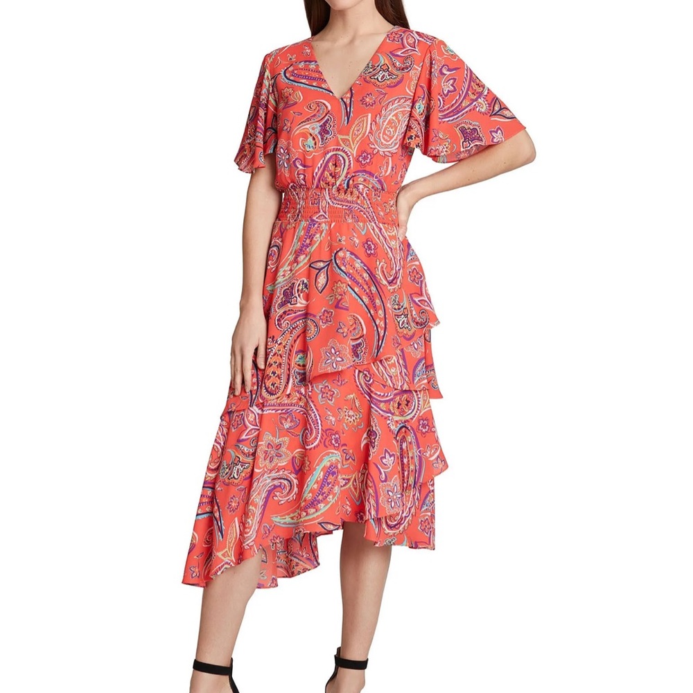 Tahari ASL Women's Ruffle Sleeve V-Neck Smocked Waist Tiered Dress brand new
J